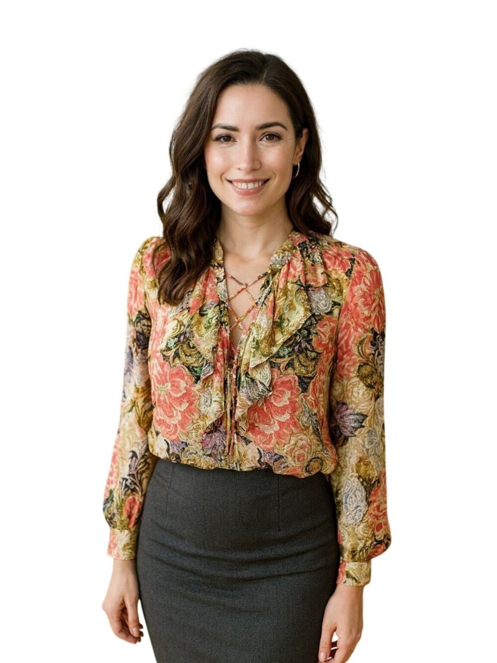 Lauren Ralph Lauren Floral Womens M Blouse Ruffle Lace-Up Romantic Boho Cottage